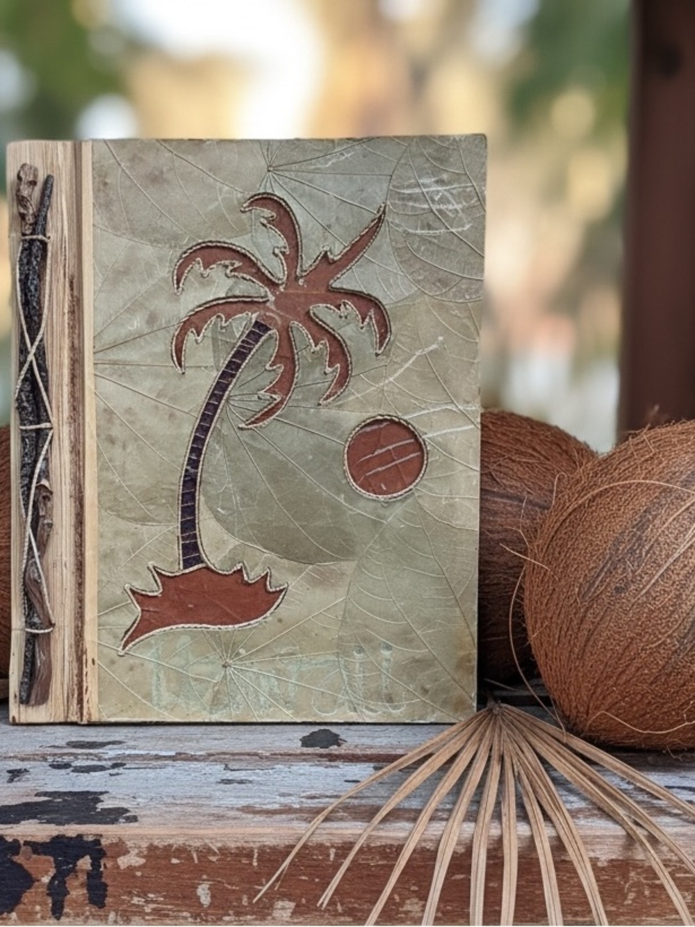 Handcrafted Palm Tree Tropical Hawaii Photo Album- Natural Brown